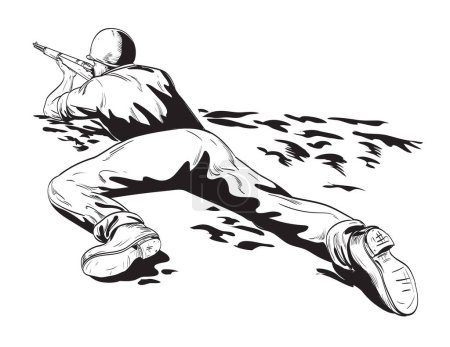 Ilustración de Dibujo de estilo cómico o ilustración de un soldado GI estadounidense de la Segunda Guerra Mundial apuntando rifle de tiro visto desde atrás en ángulo alto sobre fondo aislado hecho en estilo retro blanco y negro - Imagen libre de derechos