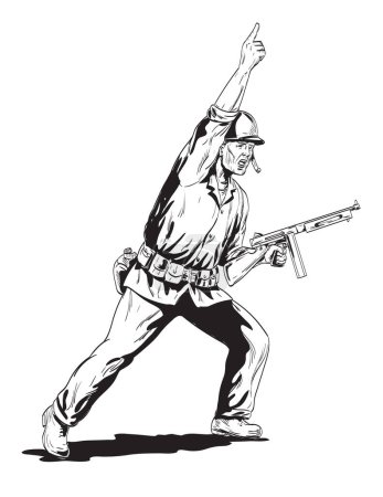 Téléchargez les illustrations : Dessin de style bande dessinée ou illustration d'un soldat GI américain de la Seconde Guerre mondiale avec une charge de tête de fusil vue d'un angle latéral sur fond isolé fait dans un style rétro noir et blanc. - en licence libre de droit