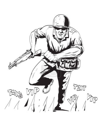 Téléchargez les illustrations : Dessin de style BD ou illustration d'un soldat GI américain de la Seconde Guerre mondiale courant avec un fusil vu de face sur fond isolé fait dans un style rétro noir et blanc. - en licence libre de droit