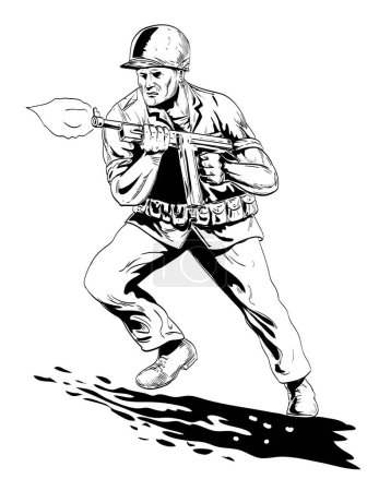 Dessin de style BD ou illustration d'un soldat GI américain de la Seconde Guerre mondiale tirant à tommy gun vu de face sur fond isolé fait dans un style rétro noir et blanc