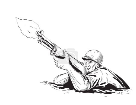 Ilustración de Dibujo de estilo cómico o ilustración de un soldado GI estadounidense de la Segunda Guerra Mundial apuntando rifle de tiro visto desde el frente en ángulo bajo sobre fondo aislado hecho en estilo retro blanco y negro. - Imagen libre de derechos