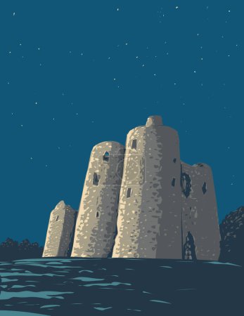Ilustración de WPA cartel arte del Castillo de Ballyloughan un castillo en ruinas y Monumento Nacional en el Condado de Carlow cerca de Bagenalstown en la República de Irlanda hecho en la administración de proyectos de obras o estilo Art Deco - Imagen libre de derechos