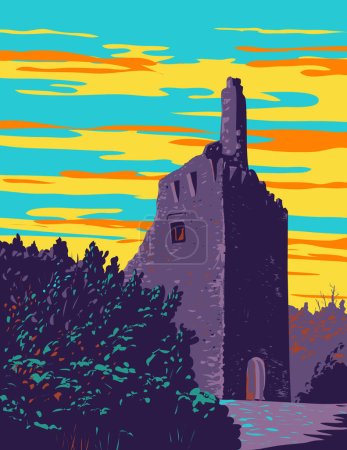 Illustration for WPA poster art of Dromore Castle a tower house and National Monument in towns of Crusheen and Corofin in County Clare the Republic of Ireland done in works project administration or Art Deco style. - Royalty Free Image