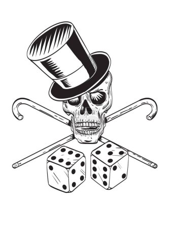 Illustration for Comics style drawing or illustration of a skull wearing top hat  with crossed cane and pair of dice viewed from front on isolated background done in black and white retro style. - Royalty Free Image