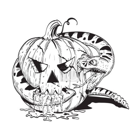 Ilustración de Dibujo de estilo cómico o ilustración de una calabaza de Halloween Jack-o-Lantern peleando mordiendo una serpiente serpiente serpiente de cascabel vista desde el frente sobre un fondo aislado hecho en estilo retro blanco y negro - Imagen libre de derechos