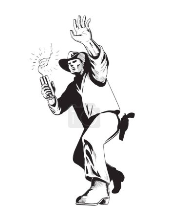 Illustration for Comics style drawing or illustration of a cowboy throwing a bunch of dynamite stick or TNT viewed from the front in low angle on isolated background in black and white retro style. - Royalty Free Image
