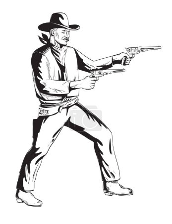 Téléchargez les illustrations : Dessin de style BD ou illustration d'un cow-boy avec revolver à deux pistolets visant à être vu de côté sur fond isolé dans un style rétro noir et blanc. - en licence libre de droit