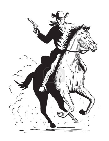 Téléchargez les illustrations : Dessin de style BD ou illustration d'un cow-boy avec pistolet chevauchant un cheval galopant vu de face sur fond isolé dans un style rétro noir et blanc. - en licence libre de droit