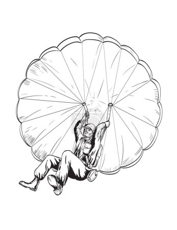 Téléchargez les illustrations : Dessin de style bande dessinée ou illustration d'un parachutiste militaire de la Seconde Guerre mondiale soldat GI américain parachutistes sur parachute vu de faible angle sur fond isolé dans le style rétro noir et blanc. - en licence libre de droit
