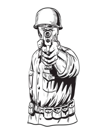 Téléchargez les illustrations : Dessin de style BD ou illustration d'un soldat GI américain de la Seconde Guerre mondiale visant un pistolet vu de face sur fond isolé dans un style rétro noir et blanc. - en licence libre de droit