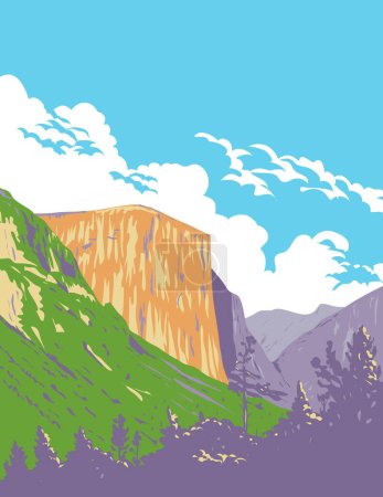 Illustration for WPA poster art of El Capitan viewed from Wawona Tunnel on State Highway 41 in Yosemite National Park on north side of Yosemite Valley California USA in works project administration or Art Deco style. - Royalty Free Image