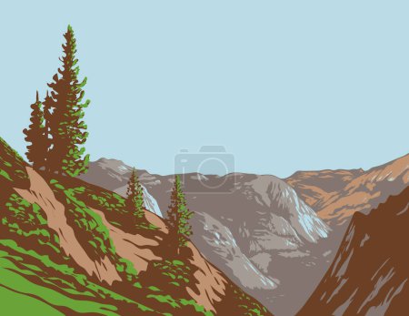 Ilustración de Arte del cartel del WPA del Cañón Tenaya visto desde Glacier Point en el extremo oriental del Valle de Yosemite en el Parque Nacional Yosemite, California, EE.UU. hecho en la administración de proyectos de obras o estilo Art Deco. - Imagen libre de derechos