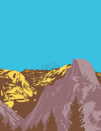 Téléchargez les illustrations : Affiche d'art WPA de Tenaya Canyon et Half Dome vue de Glacier Point à l'extrémité orientale de la vallée de Yosemite dans le parc national de Yosemite en Californie États-Unis dans l'administration de projets d'œuvres ou style Art déco - en licence libre de droit
