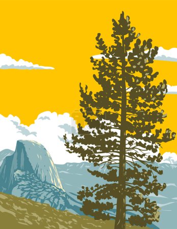 Ilustración de Arte del cartel de WPA de Half Dome visto desde Glacier Point en el extremo oriental del Valle de Yosemite en el Parque Nacional de Yosemite, California, EE.UU. hecho en la administración de proyectos de obras o estilo Art Deco. - Imagen libre de derechos