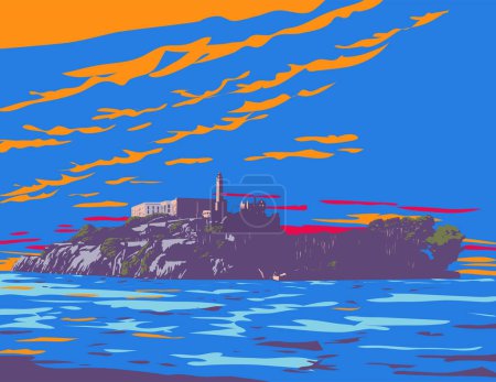Téléchargez les illustrations : Affiche d'art WPA de l'île d'Alcatraz avec un phare, fortification militaire et prison fédérale située à San Francisco, Californie États-Unis fait dans l'administration de projet de travaux ou de style Art déco. - en licence libre de droit