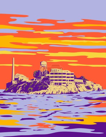 Vektor für WPA-Plakatkunst der Werksverwaltung oder des Bundeskunstprojekts style.WPA-Plakatkunst der Insel Alcatraz in der Abenddämmerung mit einem Leuchtturm, militärischer Befestigung und Bundesgefängnis in San Francisco, Kalifornien, USA - Lizenzfreies Bild