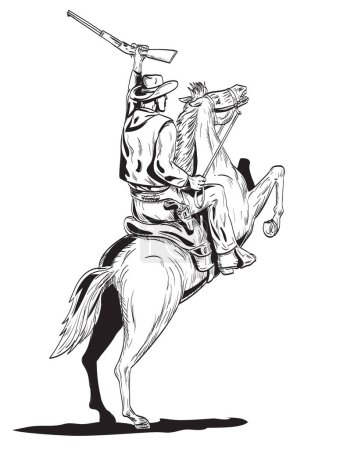 Téléchargez les illustrations : Dessin de style BD ou illustration d'un cow-boy tenant un fusil chevauchant un cheval penché vu de l'arrière sur fond isolé fait dans un style rétro noir et blanc - en licence libre de droit