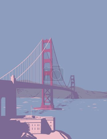 Téléchargez les illustrations : Affiche d'art WPA du Golden Gate Bridge reliant la baie de San Francisco et l'océan Pacifique reliant San Francisco au comté de Marin, Californie États-Unis réalisée dans le cadre d'un projet d'administration d'œuvres ou de style Art déco. - en licence libre de droit