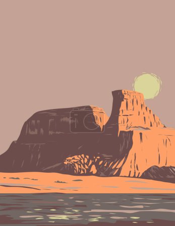Téléchargez les illustrations : Affiche d'art WPA de Gunsight Butte sur la zone du lac Powell située dans la zone récréative nationale Glen Canyon dans le comté de Kane, Utah États-Unis dans l'administration de projets d'œuvres ou style Art déco. - en licence libre de droit