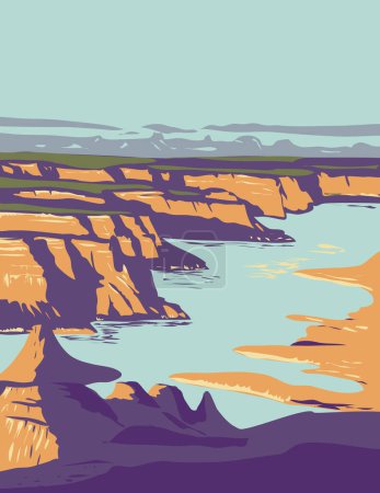 Téléchargez les photos : Affiche d'art WPA du Lac Powell Glen dans le Canyon National Recreation Area sur le plateau de Kaiparowits en Utah et Arizona États-Unis dans l'administration de projets d'œuvres ou style Art déco. - en image libre de droit