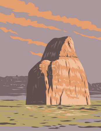Illustration for WPA poster art of Lone Rock in Wahweap Bay on Lake Powell area located in Glen Canyon National Recreation Area in Kane County, Utah USA in works project administration or Art Deco style - Royalty Free Image
