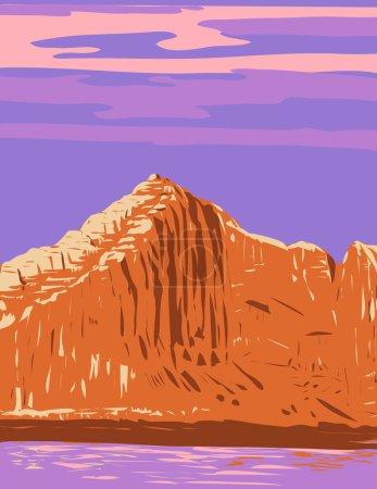 Illustration for WPA poster art of Castle Rock sandstone summit located in Glen Canyon National Recreation Area in Kane County of southern Utah USA in works project administration or Art Deco style. - Royalty Free Image