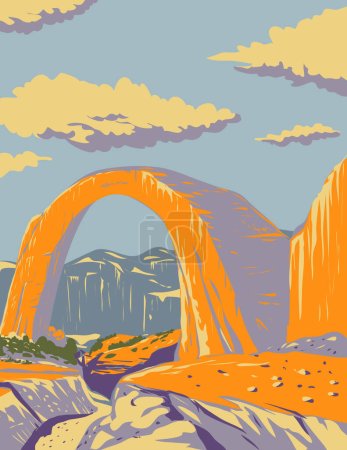Illustration for WPA poster art of Rainbow Bridge National Monument located in Glen Canyon National Recreation Area in San Juan County, Utah USA in works project administration or Art Deco style. - Royalty Free Image