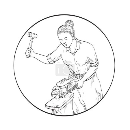 Illustration for Comics style drawing or illustration of a female blacksmith or farrier working on horseshoe on anvil viewed from the front on isolated background in black and white retro style. - Royalty Free Image