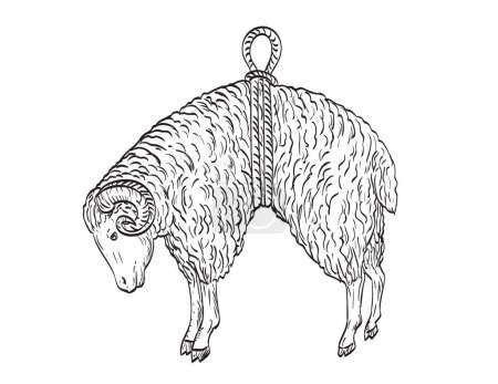 Ilustración de Dibujo de estilo cómico o ilustración de una oveja carnero suspendida en una cinta de cuerda que es un símbolo del vellón dorado visto desde el lado sobre fondo aislado en estilo retro blanco y negro - Imagen libre de derechos