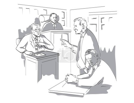 Illustration for Drawing pen and ink style sketch illustration of a courtroom trial setting with judge, lawyer, defendant, plaintiff, witness and jury on a court case drama in judiciary court of law and justice - Royalty Free Image