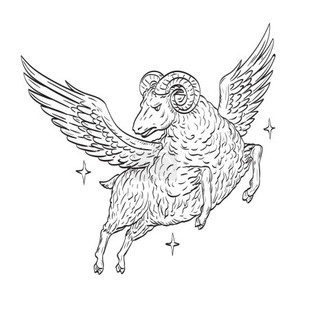 Ilustración de Dibujo de estilo cómico o ilustración de una oveja carnero con alas volando en el cielo nocturno que es un símbolo del vellón dorado visto desde el fondo aislado de alto ángulo en estilo retro blanco y negro. - Imagen libre de derechos