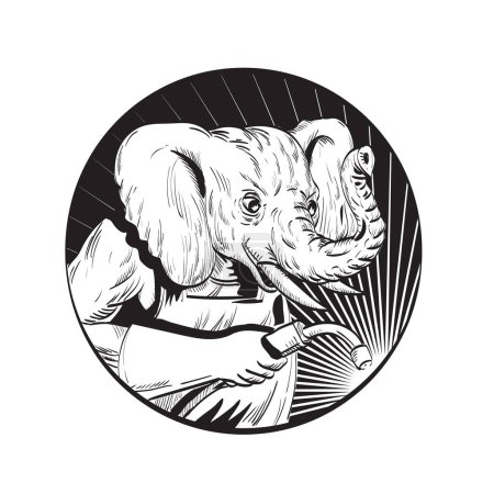 Téléchargez les illustrations : Dessin au trait illustration de style d'un soudeur d'éléphant avec torche de soudage vue du côté mis à l'intérieur du cercle fait en noir et blanc sur fond blanc isolé - en licence libre de droit
