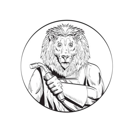 Téléchargez les illustrations : Dessin au trait illustration de style de croquis d'une soudeuse lion avec torche de soudage vue de l'avant mis à l'intérieur du cercle fait en noir et blanc sur fond blanc isolé - en licence libre de droit