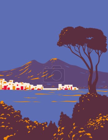 Illustration for WPA poster art of Pine of Naples with a view of the city and the Gulf or Bay of Naples with Mount Vesuvius in the background at dusk in Italy done in works project administration or Art Deco style. - Royalty Free Image