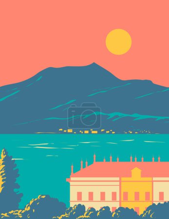 Ilustración de Afiche WPA arte del Lago de Como Lago di Como o Lario con villa y Alpes y el municipio de Bellagio en el fondo situado en Lombardía, Italia, realizado en la administración de proyectos de obras o estilo Art Deco. - Imagen libre de derechos