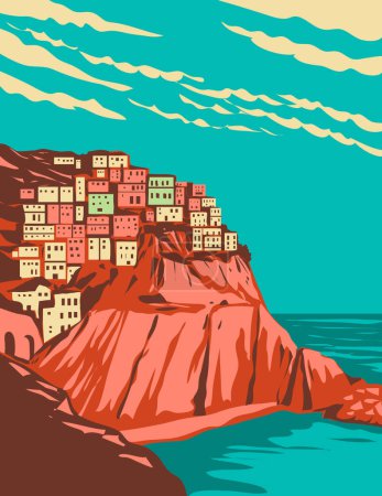 Ilustración de Arte del cartel de WPA de Manarola en Cinque Terre dentro de Liguria al oeste de la provincia de La Spezia en el noroeste de Italia y el Parque Nacional Cinque Terre hecho en la administración de proyectos de obras o estilo Art Deco. - Imagen libre de derechos