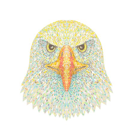 Ilustración de Ilustración puntillista, impresionista o pop art de la cabeza de un águila calva vista desde el frente sobre fondo aislado en estilo retro dot art. - Imagen libre de derechos