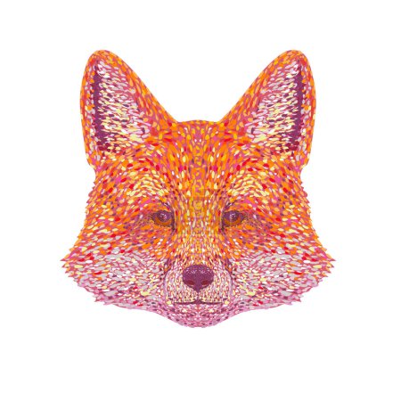Téléchargez les illustrations : Illustration pointilleuse, impressionniste ou pop art de la tête d'un renard roux ou vulpes vulpes vues de face sur fond isolé dans un style rétro dot art. - en licence libre de droit