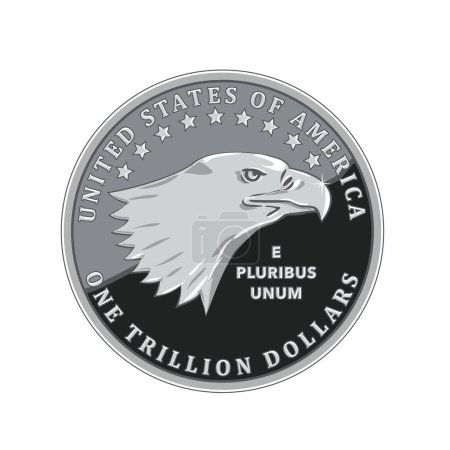 Illustration for Metallic style flat icon illustration of a one trillion dollar coin of United States of America USA  with head of bald eagle viewed from side with words E Pluribus Unum on isolated white background. - Royalty Free Image