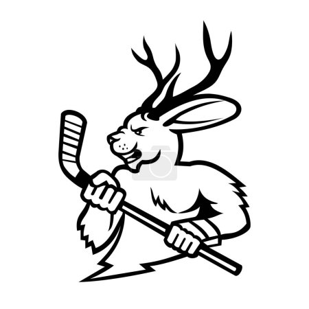 Illustration for Black and white mascot illustration of head of a jackalope ice hockey player holding an ice hockey stick viewed from side on isolated background in retro style. - Royalty Free Image