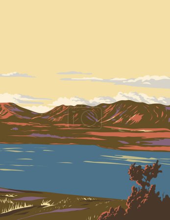 Illustration for WPA poster art of Lake Tekapo running north to south along the northern edge of the Mackenzie Basin in the South Island of New Zealand done in works project administration or Art Deco style. - Royalty Free Image