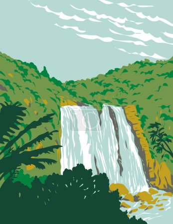 Téléchargez les illustrations : Affiche d'art WPA de Marokopa Falls près de Waitomo dans la région de Waikato de l'île du Nord de la Nouvelle-Zélande réalisée dans l'administration de projets d'œuvres ou style Art déco. - en licence libre de droit