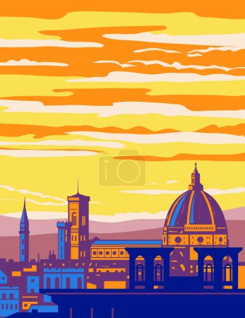 Téléchargez les illustrations : Affiche d'art WPA de Florence avec le Dôme de Brunelleschi, la nef, et le Campanile de Giotto de la Cattedrale di Santa Maria del Fiore vue de la colline Michelangelo en Toscane Italie fait dans le style Art déco. - en licence libre de droit