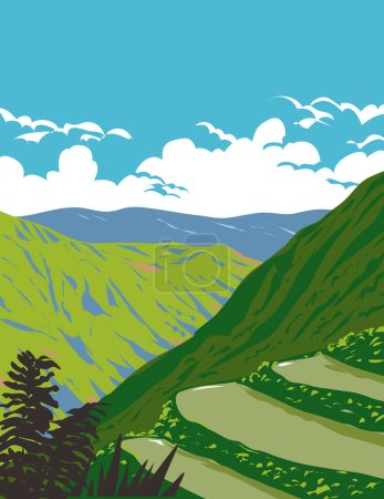 Ilustración de Arte cartel WPA de terrazas de arroz en el Parque Nacional Balbalasang-Balbalán o Monte Balbalasang situado en Balbalán, Kalinga en la Región Administrativa de la Cordillera, Filipinas hecho en estilo Art Deco. - Imagen libre de derechos