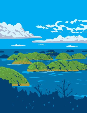 Ilustración de WPA cartel arte del Parque Nacional de las Cien Islas dispersas en la zona del Golfo de Lingayen situado en Alaminos, Pangasinan, Luzón Filipinas hecho en la administración de proyectos de obras o estilo Art Deco. - Imagen libre de derechos