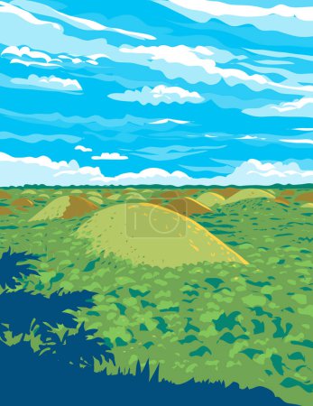 Illustration for WPA poster art of the Chocolate Hills scattered around Sagbayan, Batuan, Carmen, Bilar, Sierra Bullones, and Valencia in Bohol Philippines done in works project administration or Art Deco style. - Royalty Free Image