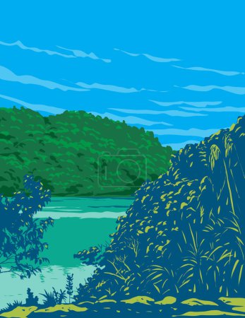 Téléchargez les illustrations : Affiche d'art WPA de Balinsasayao Twin Lakes Natural Park entourant le lac Balinsasayao et le lac Danao dans la province orientale de Negros, Philippines fait dans l'administration de projet de travaux ou style Art déco. - en licence libre de droit