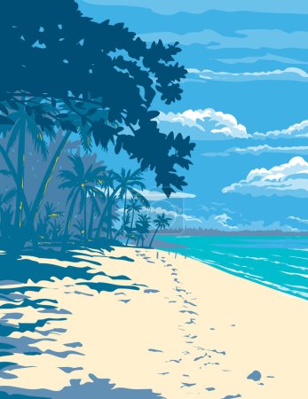 Illustration for WPA poster art of unspoiled white sand beach in Santa Fe located in Bantayan Island, Cebu in the Visayan Sea, Philippines done in works project administration or Art Deco style. - Royalty Free Image