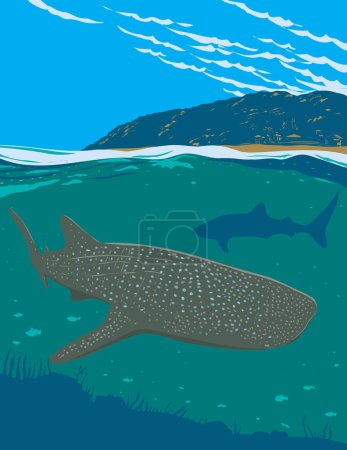 Ilustración de Afiche WPA arte de la observación de tiburones ballena en Oslob, provincia de Cebú, Filipinas, realizado en la administración de proyectos de obras o estilo Art Deco. - Imagen libre de derechos