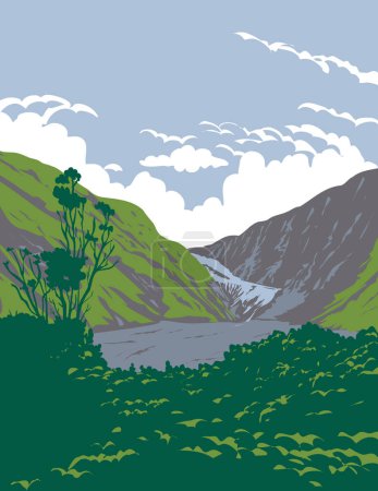 Foto de WPA cartel arte del glaciar Franz Josef en Westland Tai Poutini Parque Nacional en la costa oeste de la Isla Sur de Nueva Zelanda hecho en obras de administración de proyectos o estilo Art Deco. - Imagen libre de derechos